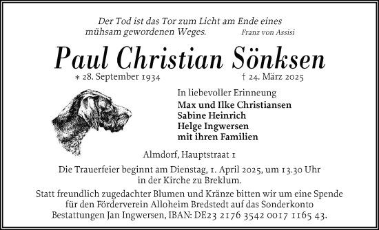 Traueranzeige von Paul Christian Sönksen von Husumer Nachrichten, Nordfriesland Tageblatt