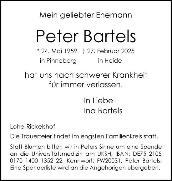 Traueranzeige von Peter Bartels von Region Pinneberg und tip Pinneberg