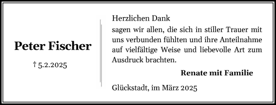 Traueranzeige von Peter Fischer von Norddeutsche Rundschau, Wilstersche Zeitung, Glückstädter Fortuna