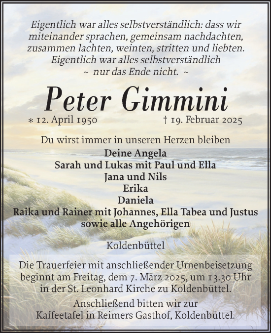 Traueranzeige von Peter Gimmini von Husumer Nachrichten, Nordfriesland Tageblatt