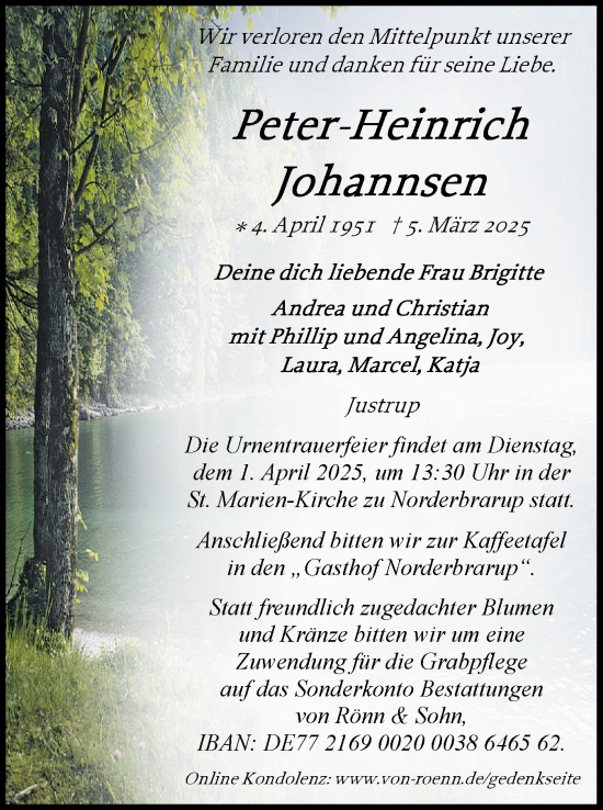 Traueranzeige von Peter-Heinrich Johannsen von Schleswiger Nachrichten, Schlei-Bote