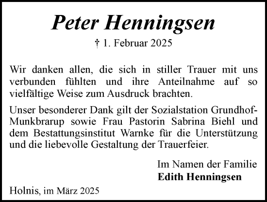 Traueranzeige von Peter Henningsen von Flensburger Tageblatt