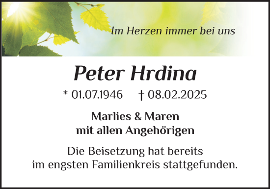 Traueranzeige von Peter Hrdina von Schleswig-Holsteinische Landeszeitung