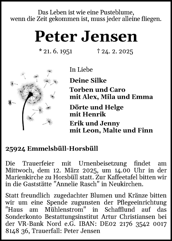 Traueranzeige von Peter Jensen von Husumer Nachrichten, Nordfriesland Tageblatt