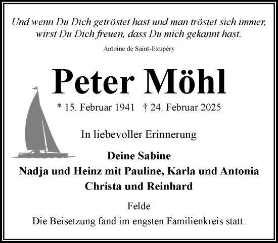 Traueranzeige von Peter Möhl von Holsteinischer Courier