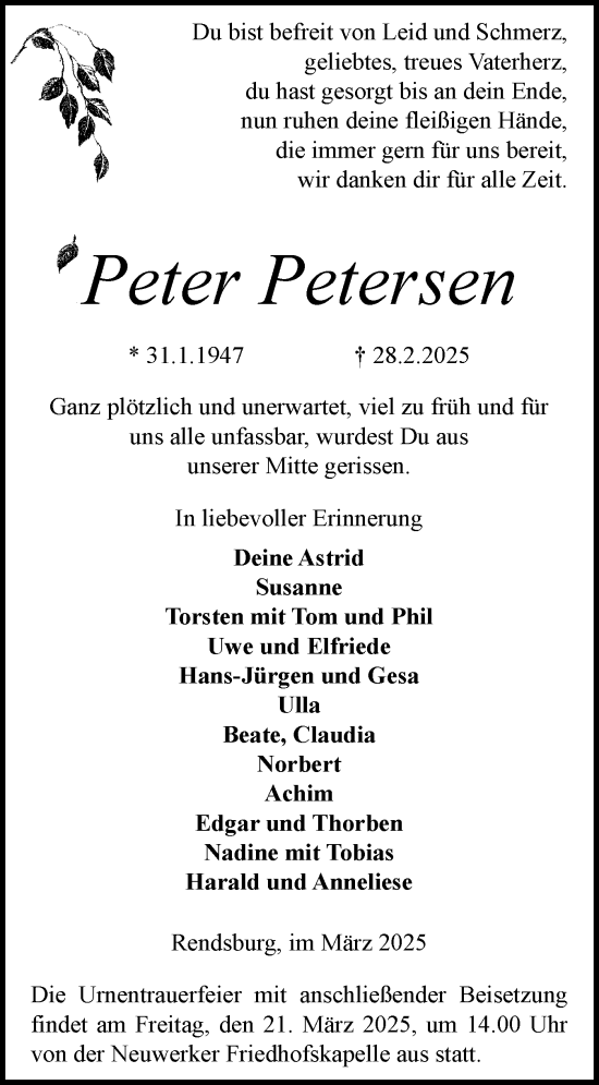 Traueranzeige von Peter Petersen von Schleswig-Holsteinische Landeszeitung