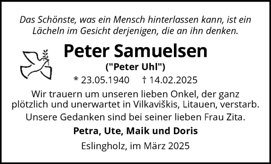 Traueranzeige von Peter Samuelsen von Flensburger Tageblatt, Schleswiger Nachrichten, Schlei-Bote