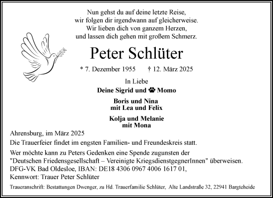 Traueranzeige von Peter Schlüter von MARKT Ahrensburg/Bargteheide/Trittau und Stormarner Tageblatt