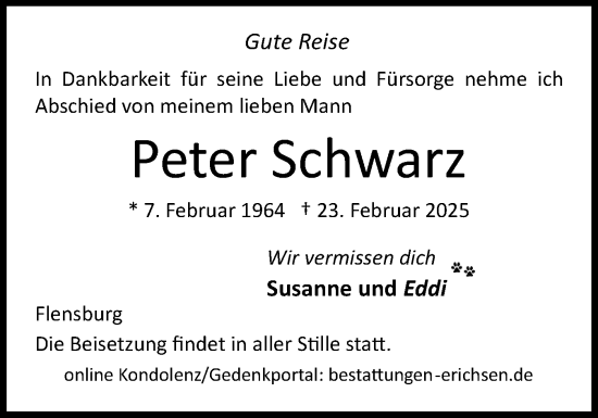 Traueranzeige von Peter Schwarz von Flensburger Tageblatt