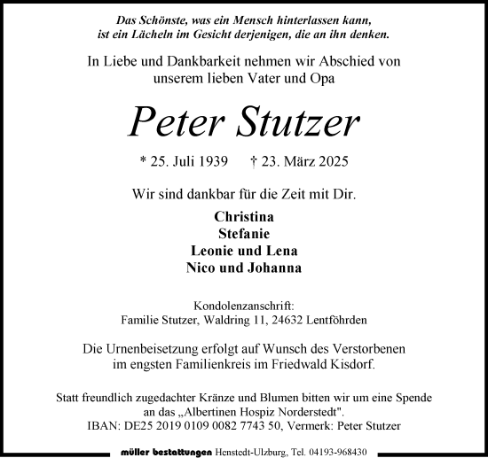 Traueranzeige von Peter Stutzer von Umschau