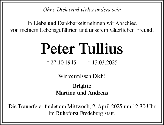 Traueranzeige von Peter Tullius von MARKT Ratzeburg/Mölln