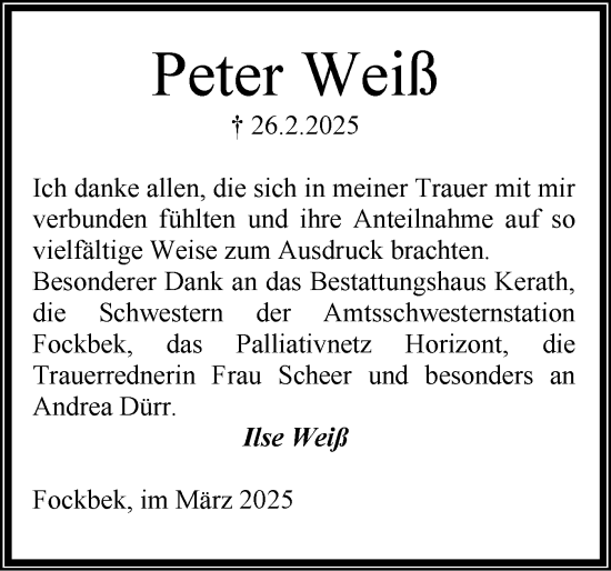Traueranzeige von Peter Weiß von Schleswig-Holsteinische Landeszeitung