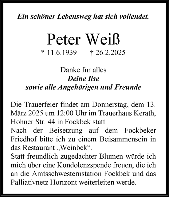 Traueranzeige von Peter Weiß von Schleswig-Holsteinische Landeszeitung