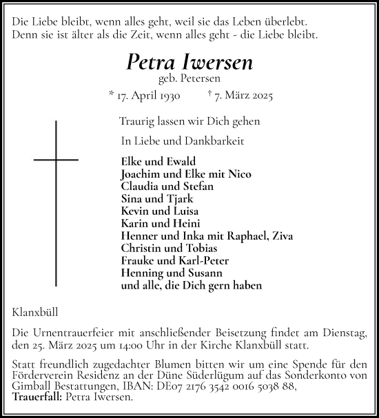 Traueranzeige von Petra Iwersen von Husumer Nachrichten, Nordfriesland Tageblatt