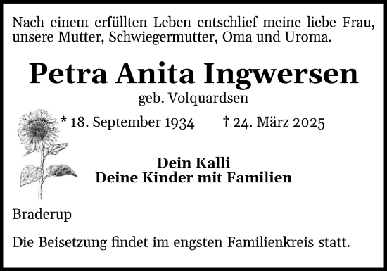 Traueranzeige von Petra Anita Ingwersen von Husumer Nachrichten, Nordfriesland Tageblatt