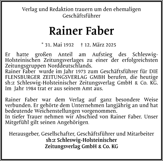 Traueranzeige von Rainer Faber von Flensburger Tageblatt