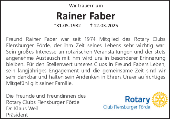 Traueranzeige von Rainer Faber von Flensburger Tageblatt
