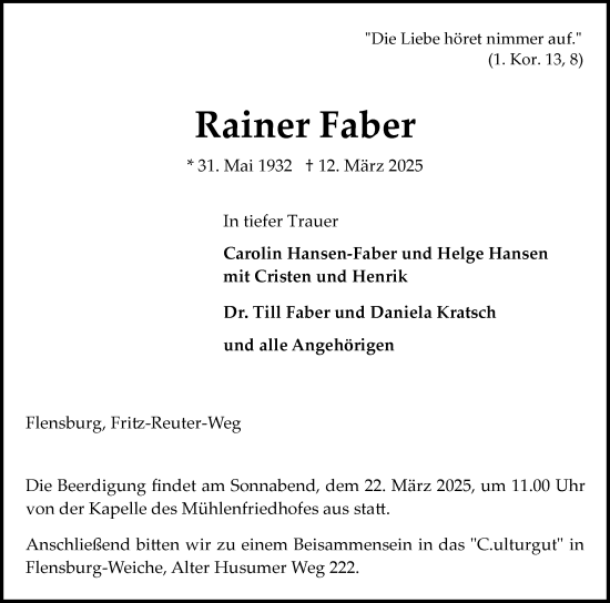 Traueranzeige von Rainer Faber von Flensburger Tageblatt