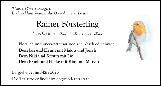 Traueranzeige von Rainer Försterling von Elmshorner Nachrichten, Barmstedter Zeitung
