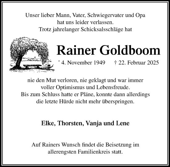 Traueranzeige von Rainer Goldboom von MARKT Bad Oldesloe/Reinfeld und Stormarner Tageblatt