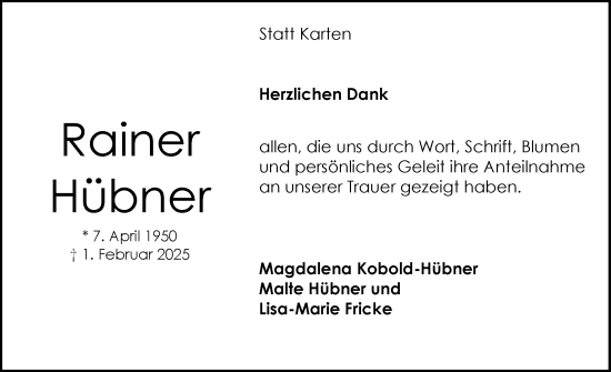 Traueranzeige von Rainer Hübner von Schleswig-Holsteinische Landeszeitung