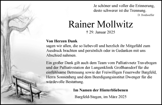 Traueranzeige von Rainer Mollwitz von MARKT Ahrensburg/Bargteheide/Trittau und Stormarner Tageblatt