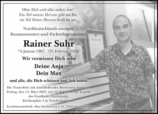Traueranzeige von Rainer Suhr von Heimatspiegel
