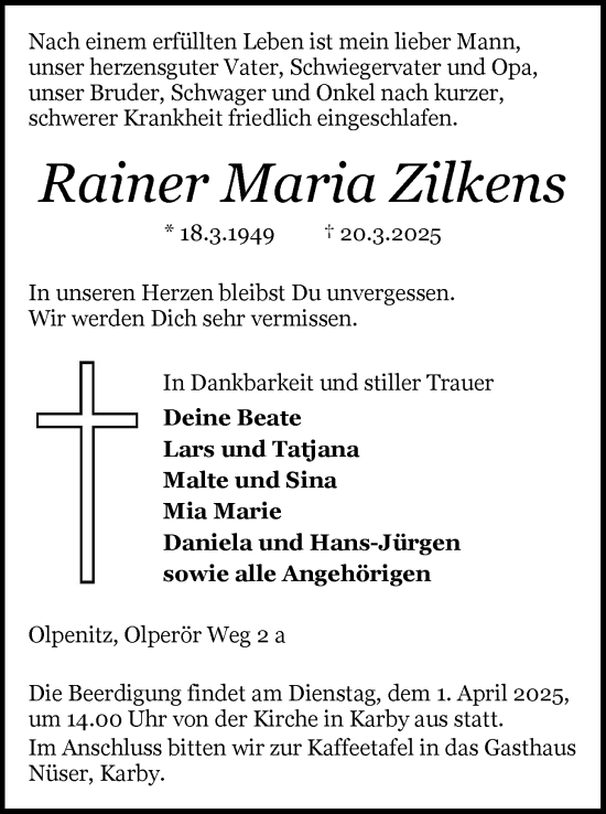 Traueranzeige von Rainer Maria Zilkens von Schleswiger Nachrichten, Schlei-Bote