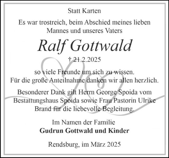 Traueranzeige von Ralf Gottwald von Schleswig-Holsteinische Landeszeitung