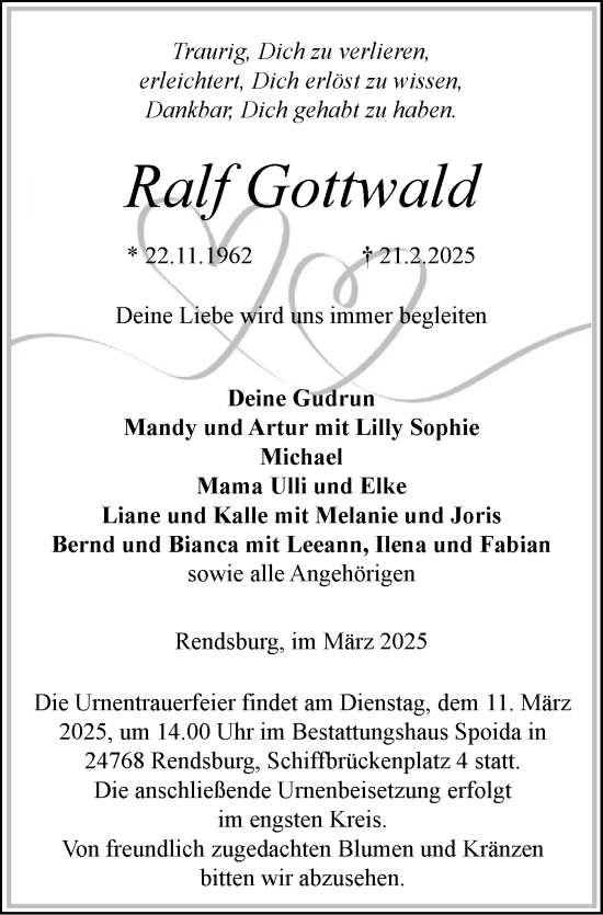 Traueranzeige von Ralf Gottwald von Schleswig-Holsteinische Landeszeitung