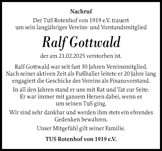 Traueranzeige von Ralf Gottwald von Schleswig-Holsteinische Landeszeitung