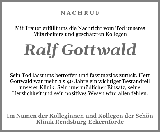 Traueranzeige von Ralf Gottwald von Schleswig-Holsteinische Landeszeitung