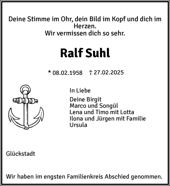 Traueranzeige von Ralf Suhl von Norddeutsche Rundschau, Wilstersche Zeitung, Glückstädter Fortuna