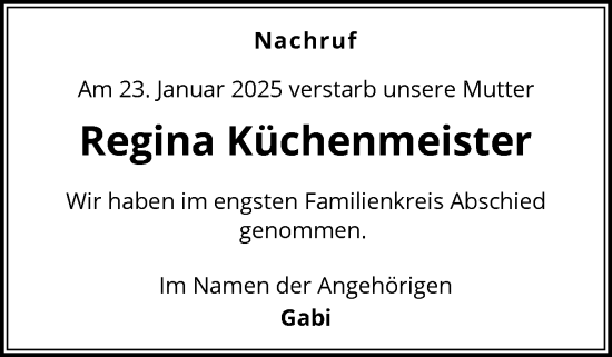 Traueranzeige von Regina Küchenmeister von Holsteinischer Courier