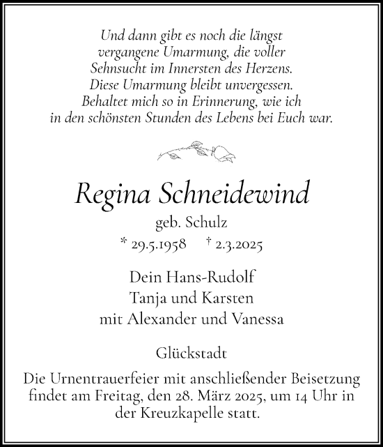 Traueranzeige von Regina Schneidewind von Norddeutsche Rundschau, Wilstersche Zeitung, Glückstädter Fortuna