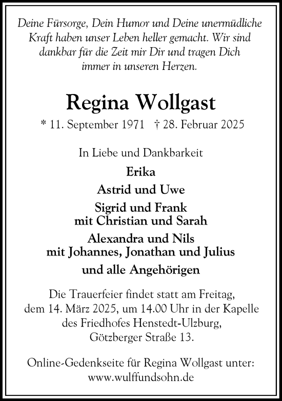Traueranzeige von Regina Wollgast von Umschau