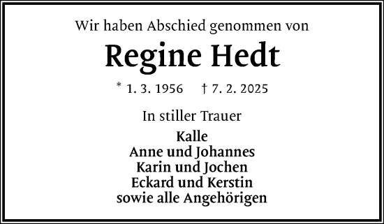 Traueranzeige von Regine Hedt von Norddeutsche Rundschau, Wilstersche Zeitung, Glückstädter Fortuna