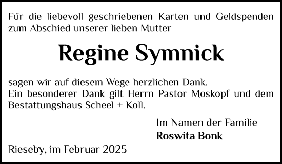 Traueranzeige von Regine Symnick von Eckernförder Zeitung, Hallo Eckernförde