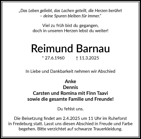 Traueranzeige von Reimund Barnau von MARKT Ratzeburg/Mölln