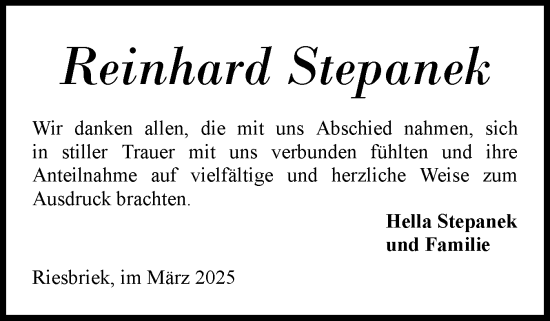 Traueranzeige von Reinhard Stepanek von Flensburger Tageblatt