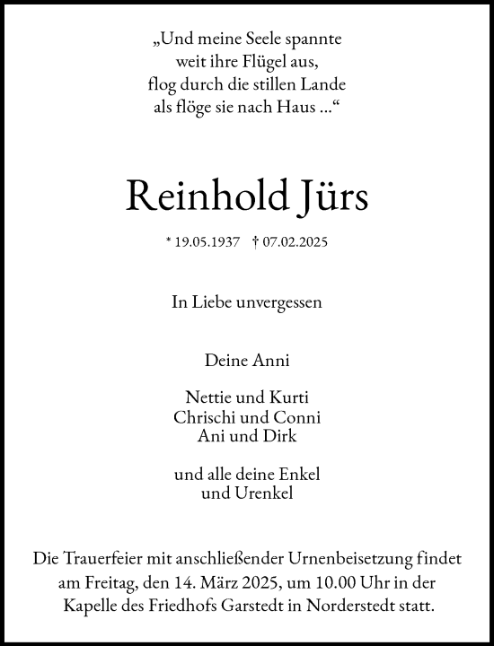 Traueranzeige von Reinhold Jürs von Heimatspiegel