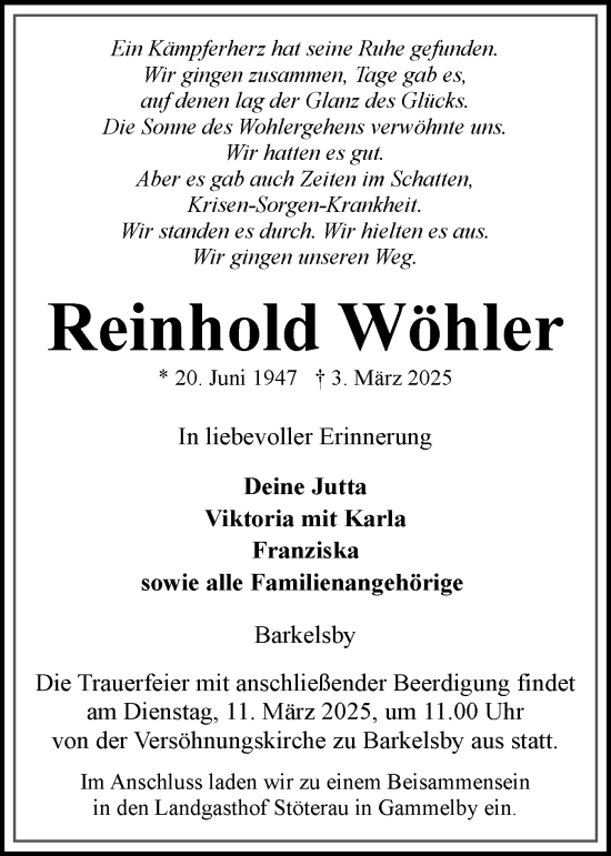 Traueranzeige von Reinhold Wöhler von Eckernförder Zeitung, Hallo Eckernförde