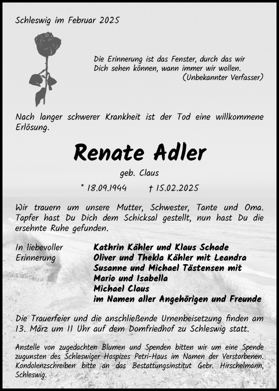 Traueranzeige von Renate Adler von Schleswiger Nachrichten, Schlei-Bote