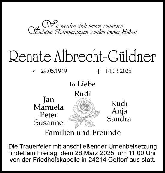 Traueranzeige von Renate Albrecht-Güldner von Flensburger Tageblatt