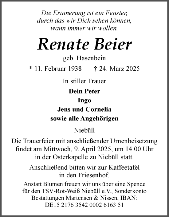 Traueranzeige von Renate Beier von Husumer Nachrichten, Nordfriesland Tageblatt