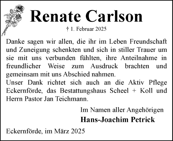 Traueranzeige von Renate Carlson von Eckernförder Zeitung, Hallo Eckernförde