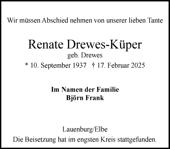 Traueranzeige von Renate Drewes-Küper von Wochenend Anzeiger