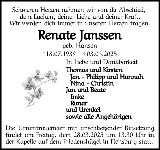 Traueranzeige von Renate Janssen von Flensburger Tageblatt