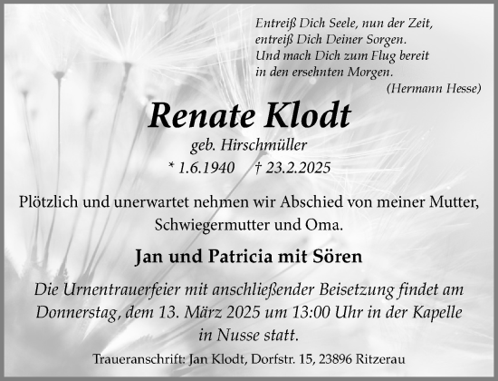 Traueranzeige von Renate Klodt von MARKT Ratzeburg/Mölln