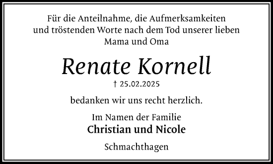 Traueranzeige von Renate Kornell von MARKT Bad Oldesloe/Reinfeld und Stormarner Tageblatt